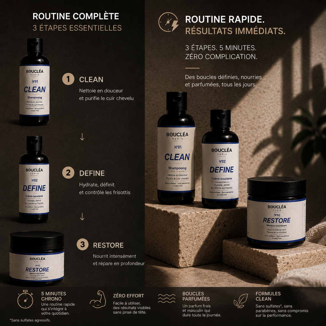 Routine cheveux bouclés complète en 3 étapes et 5 minutes : CLEAN, DEFINE, RESTORE