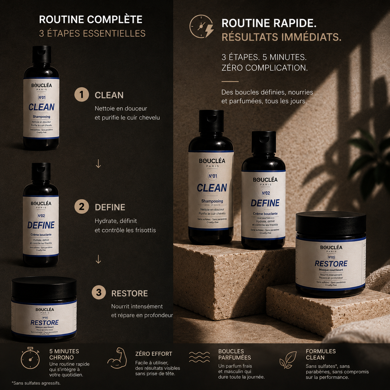 Routine cheveux bouclés complète en 3 étapes et 5 minutes : CLEAN, DEFINE, RESTORE