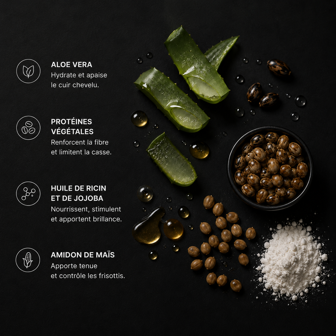 Ingrédients naturels contre la casse : aloe vera, protéines végétales, huile de ricin